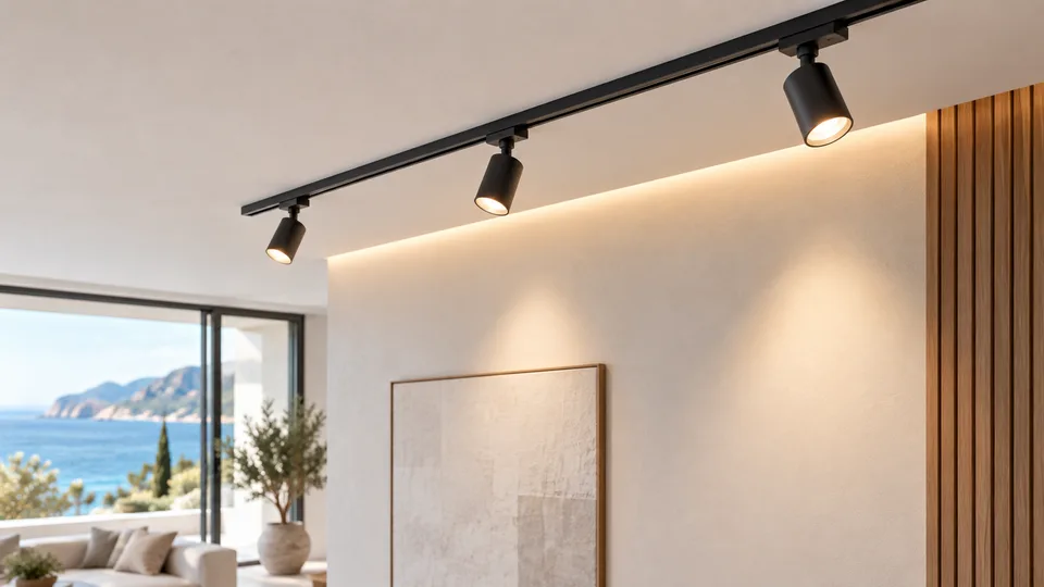 Track lights and soft wall lighting in a bright interior